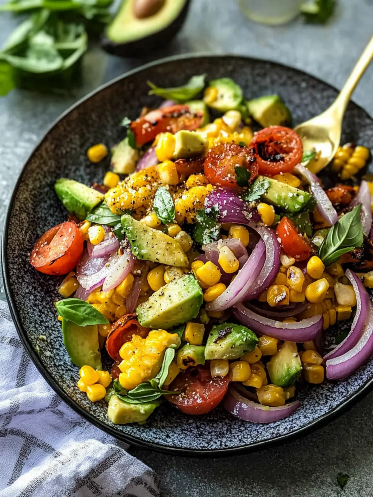 Charred Corn Avocado Salad with Roasted Red Onions